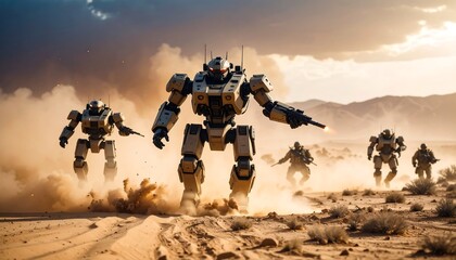 Robotic Units In Desert Stormy Battlefield with Dust and Orange Sky