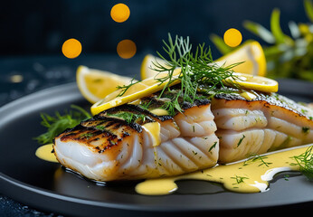 Tasty sea bass with butter glaze and elegant plating, framed by soft bokeh and foliage. Great for seafood branding, upscale dining ads, or chef portfolio content.