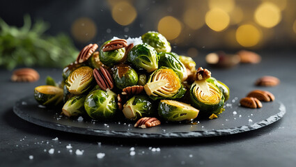Crispy roasted Brussels sprouts with honey glaze and pecans. Perfect for gourmet restaurant menus and seasonal food promotions.