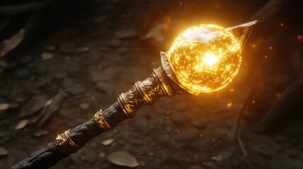 Glowing orb on ornate wooden staff, magical energy.