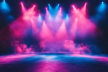 Empty stage light background with spotlight illuminated stage for concert or modern dance. Stage with pastel color decoration. Entertainment show. Night club stage with pink blue