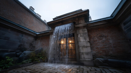 Illuminated water feature enhances old stone building at night