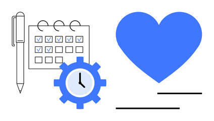 Calendar with checkmarks, clock gear, and large blue heart symbolizing balance. Ideal for productivity, self-care, work-life harmony, time management, planning health focus efficiency. Flat simple