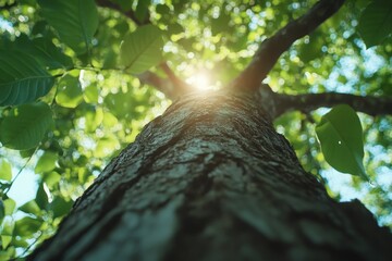 Bottom view of tree trunk to green leaves of trees in tropical forest. Tree forest for sale carbon credit. Carbon dioxide reduction. World environment