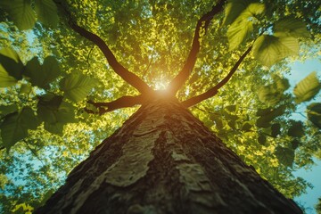 Bottom view of tree trunk to green leaves of trees in tropical forest. Tree forest for sale carbon credit. Carbon dioxide reduction. World environment