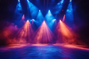 Event stage light background with spotlight illuminated the stage for rock concert. Passionate performance event stage. Empty stage with dramatic red colors. Entertainment