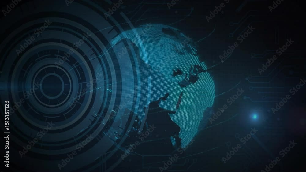 Poster hud rings pulsing and causing rotating globe revealing continents with code overlays showing data