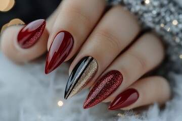 Closeup glamour woman hand with red nail polish on her fingernails. Red nail manicure with gel polish at luxury beauty salon. Nail art and design. Female hand model. French