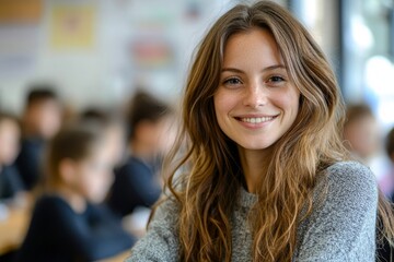 Happy woman teacher during class at elementary school looking and smiling at camera while pupils learning on background in classroom