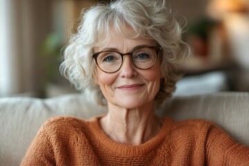 Happy caucasian senior woman wearing glasses resting sitting on couch at home and smiling at camera, relaxing on comfortable sofa, closeup portrait