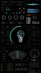 Lightbulb icon with digital lightning in HUD