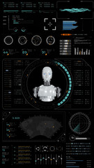 Realistic humanoid robot in digital HUD environment