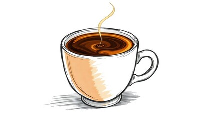 Hand-drawn sketch of espresso in a cup, rich crema, steam subtly rising,  crema,  design