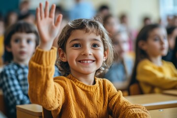 Enthusiastic school children, sitting attentively at desks in classroom, eagerly raising their hands to actively participate in learning experiences