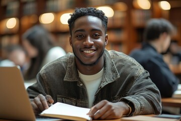 Happy black student guy holding book, looks away at free space, and smiling, leaning at shelf in library