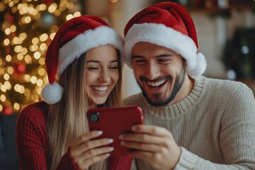 Christmas video greeting. Excited young couple chatting online via phone, wearing Santa hats and congratulating family or friends