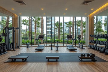Gym, equipped with weights and various exercise tools, creating environment for effective workouts and strength training