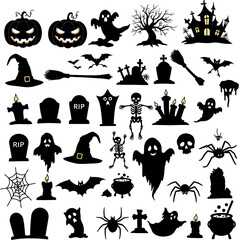 Halloween silhouettes Pumpkins ghosts bats tombstones witches hat skeletons cauldrons spiders and haunted house