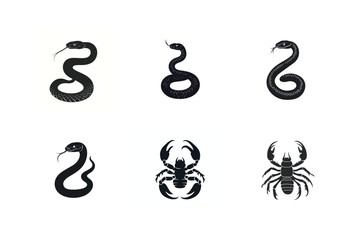 Silhouette illustrations of snakes and scorpions