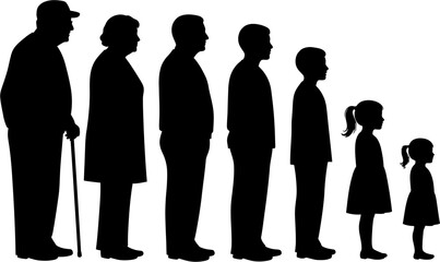 Seven silhouettes of people in sequential ages from elder with cane to small child