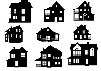 Silhouette of nine distinct houses arranged in a gridlike pattern against a white background
