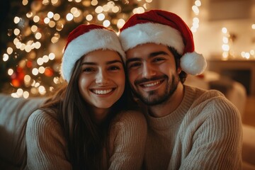 Smiling husband hug wife, watching tv, sit on sofa in living room interior with glowing garlands and x-mas tree, couple wearing Santa hats