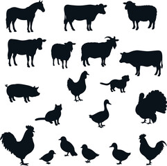 Silhouette of farm animals horse cows sheep pig cat poultry goat