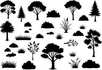 Silhouetted plants trees bushes reeds and tufts of grass against a white background