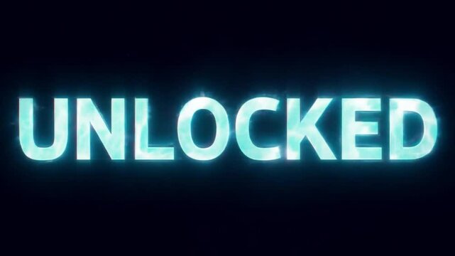 Unlocked text in glowing blue font on dark background used as tech alert or password access screen in digital interface visuals