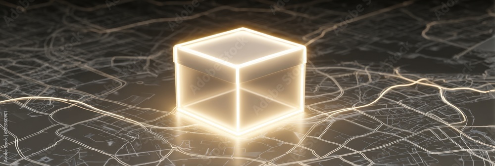 Poster glowing package icon on a detailed map background signifies delivery locations and logistics activit