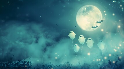 Cute Ghost Balloons Floating in a Starry Halloween Sky
