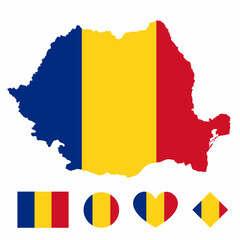 Vector set of Romania high detailed map flag and national flag round badge isolated on white background.