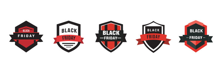 A vector set of vintage Black Friday emblem badges, labels, and retro signs with ribbons and shields for product sale tags or banners