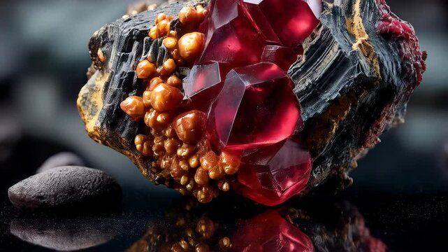 Raw red crystal gemstone on dark mineral matrix with golden inclusions, sparkling reflection on a sleek black surface, close up