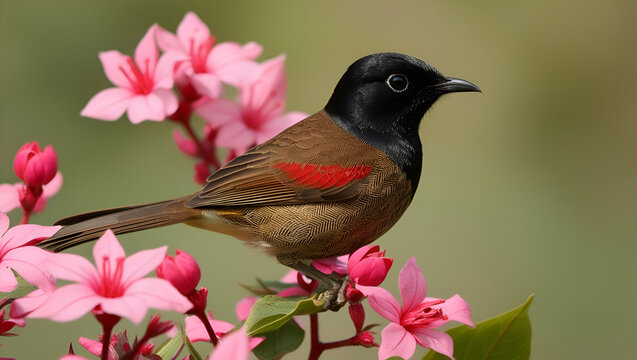 A Beautiful Rufous Sibia Bird Perched Gracefully Among Vibrant Pink Blossoms Against a Soft, Blurred Green Background

