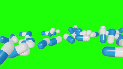 pills falling down on green background. Colorful capsules and tablets falling on a surface 4k Video. symbolizing medicine and drug treatment, Drugs, pills, tablets, medicine concept. 3d render - Powered by Adobe
