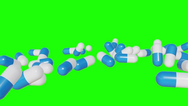pills falling down on green background. Colorful capsules and tablets falling on a surface 4k Video. symbolizing medicine and drug treatment, Drugs, pills, tablets, medicine concept. 3d render