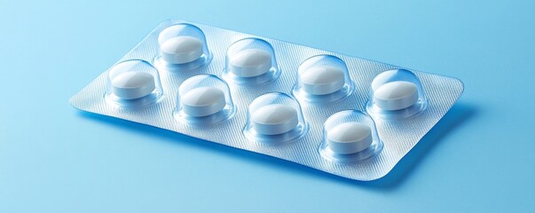 Blue-white antibiotic capsule pills and pill blister pack on blue background. Online pharmacy banner. World Health Day. Pharmaceutical industry. Prescription drugs. Antibiotic drug resistance
