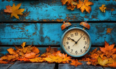 Daylight Saving Time. Alarm clock and orange color leaves on wooden table. Autumn time. Fall time change. Autumn leaves fall and winter approaches, the concept of daylight saving
