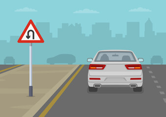 Traffic regulation rules and tips. Arab Emirates "u-turn ahead" road sign area. White sedan car approaches the gap in median. Back view. Flat vector illustration template.