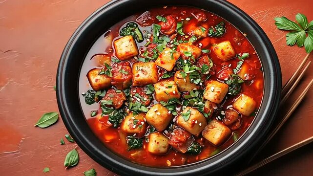 Delicious and appetizing mapo tofu in a black bowl with wooden chopsticks on a brown table