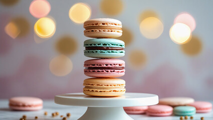 Colorful pastel macarons stacked neatly on a white stand, dreamy background with elegant soft-focus lights. Great for dessert branding and ads.