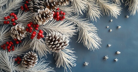 Festive pine cones, red berries, and flocked branches create a wintery scene. Ideal for holiday cards and decorations.