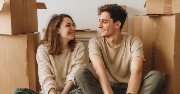 Couple smiles amid moving boxes, a testament to shared journeys and new beginnings, radiating hope and excitement for the future.