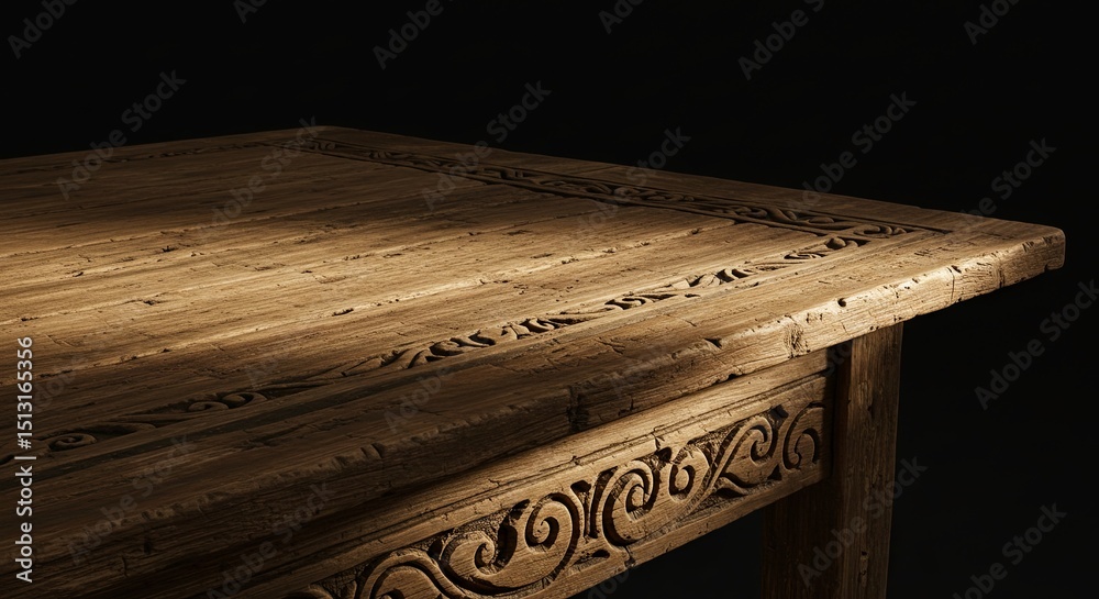 Poster a wooden table with a carved design on the top