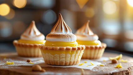 Top view of mini tart with bright lemon curd and toasted meringue, warm golden ambiance, styled for cafés, dessert menus, and premium bakery visuals.