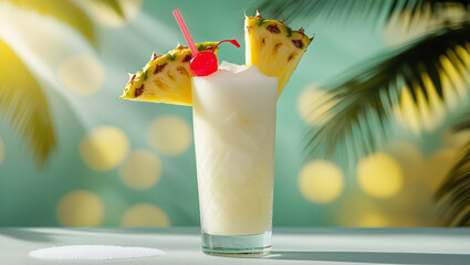 Refreshing pina colada with pineapple wedge and cherry. Light-colored surface and soft sunlight. Tropical vacation vibe with smooth lighting.
