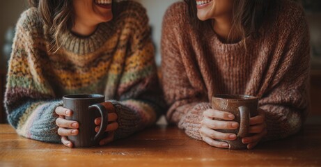 Two friends sharing coffee and laughter, enjoying each other's company in cozy sweaters. Coffee break with friends.