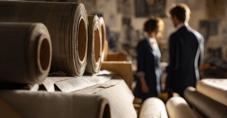 A couple standing near the stacks of rolled canvas, creating a sense of artistic mystery and contemplative conversation in a studio.
