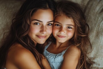 Latin mother comforting her sad crying daughter, little girl hugging her mom, sitting on sofa in living room at home interior, closeup. Motherhood, mother love